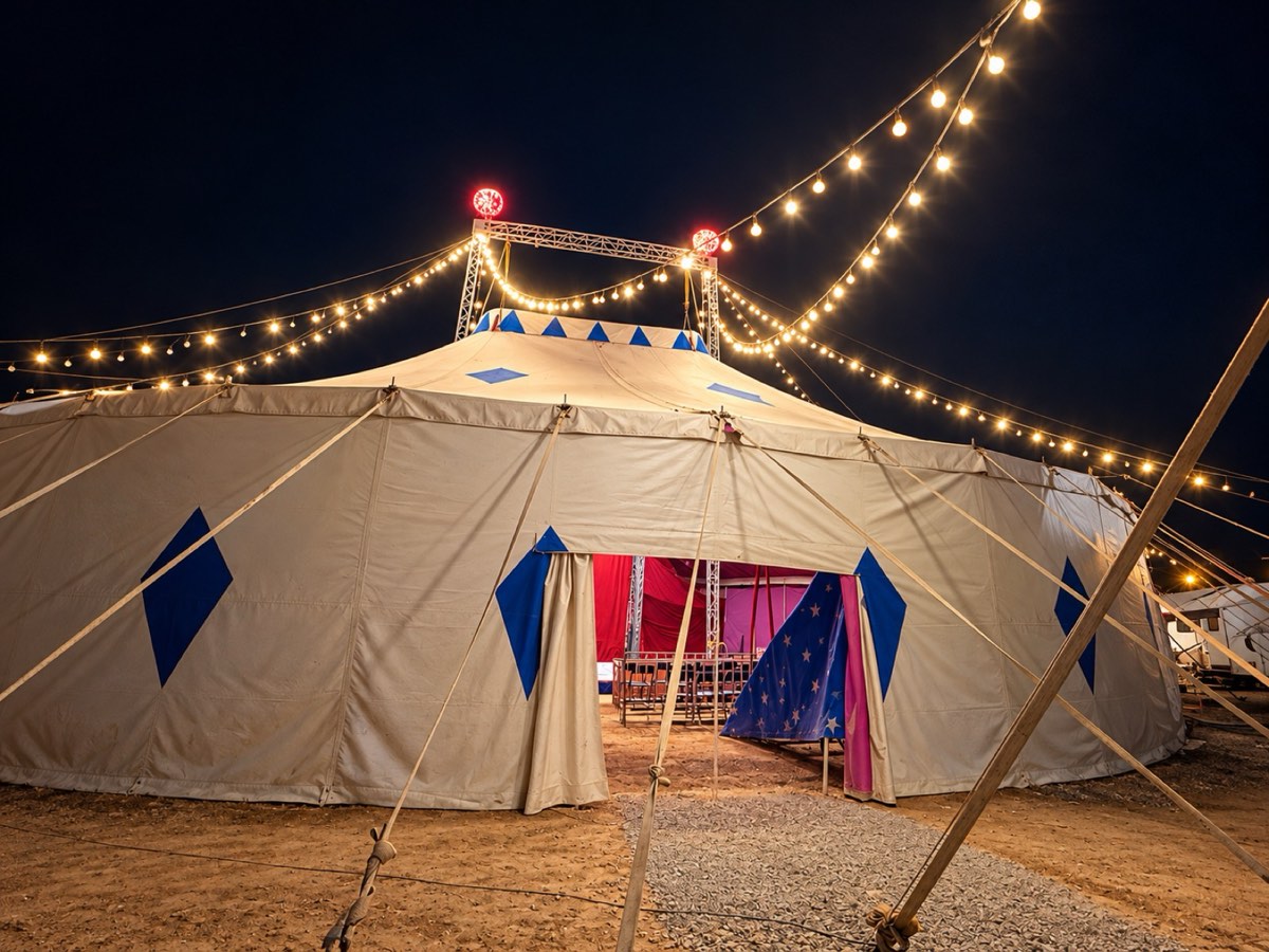 Carpa de circo blanca con guirnaldas de luces, de noche