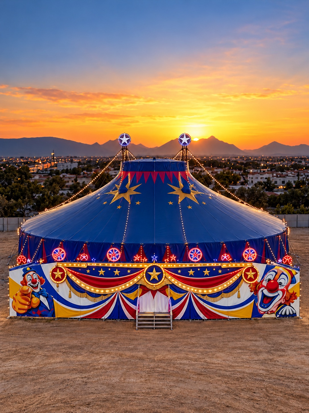 Carpa de circo de 40 m de diámetro al atardecer: lona azul marino con estrellas doradas, cenefa festoneada y dos torres con luces