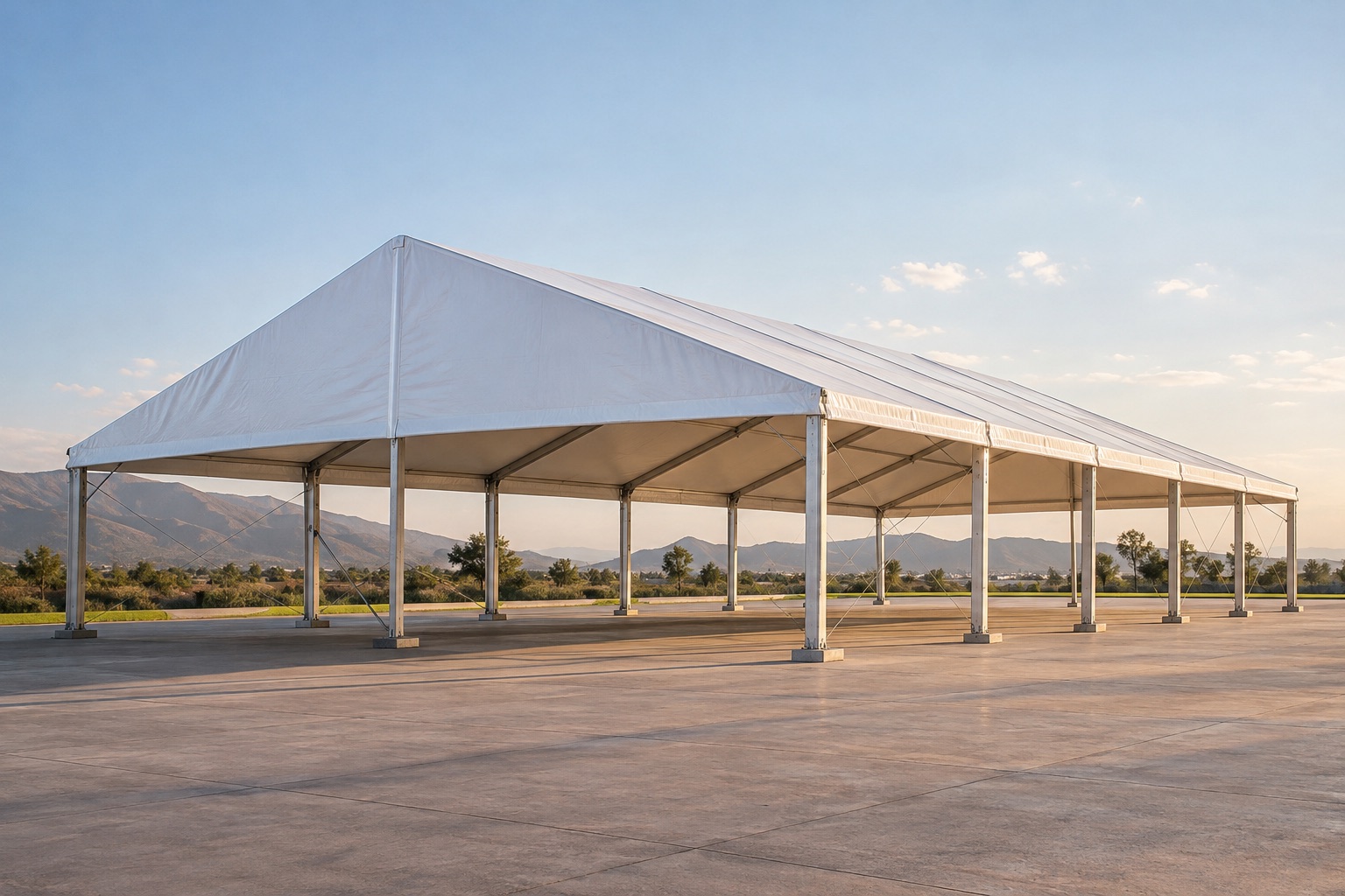 Carpa blanca grande de estructura modular, abierta por los costados