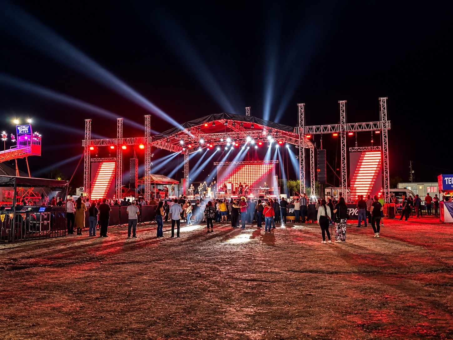 Gran soporte de noche en un evento: estructura de truss con techo, pantallas de luz roja al centro y a los lados, una banda tocando en el escenario, haces de luz blanca hacia el cielo y público al frente