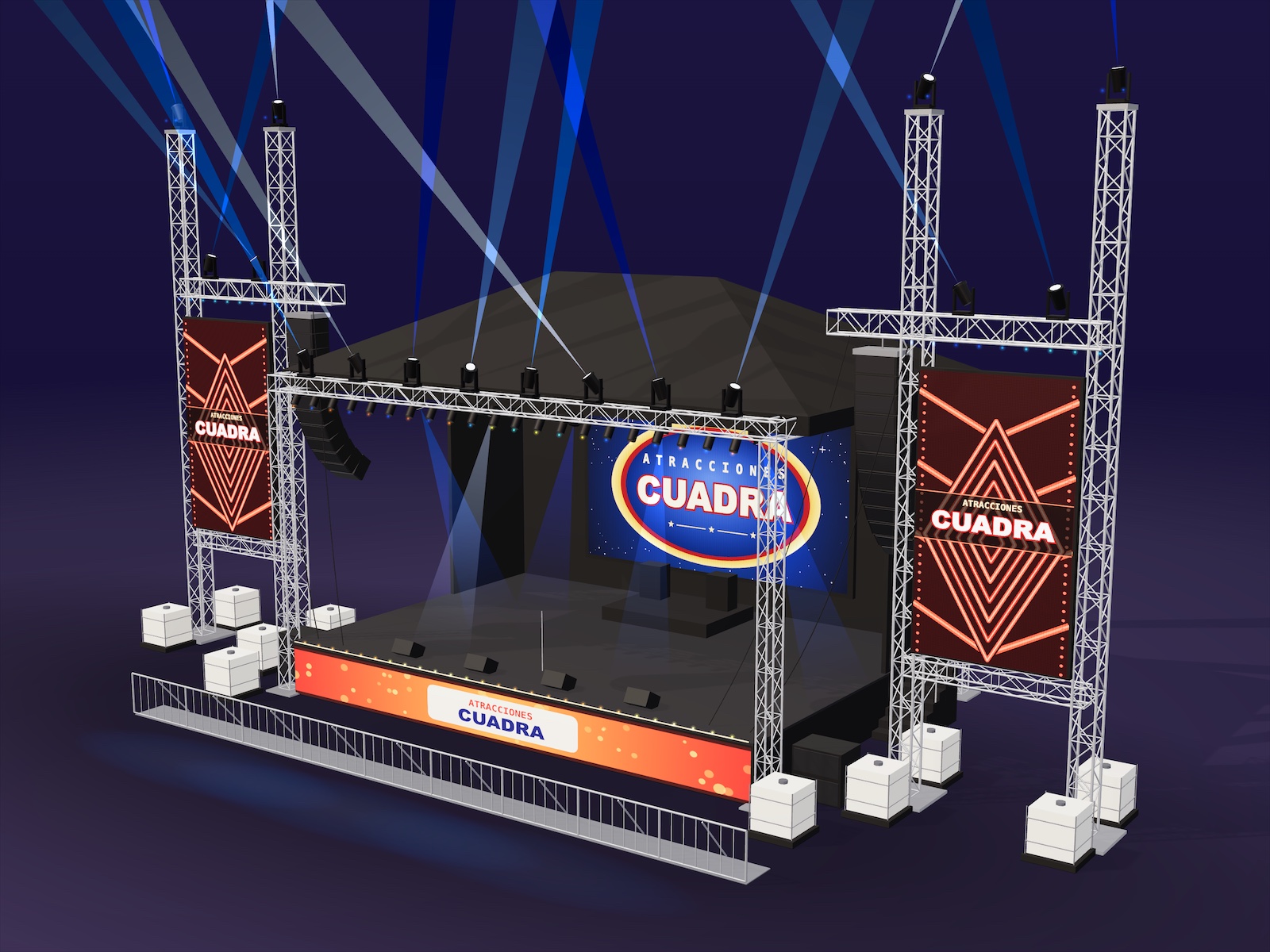 Modelo 3D del Gran soporte visto de tres cuartos: estructura de truss con techo, dos torres laterales con pantallas, luces en lo alto, escenario con pantalla central y valla al frente